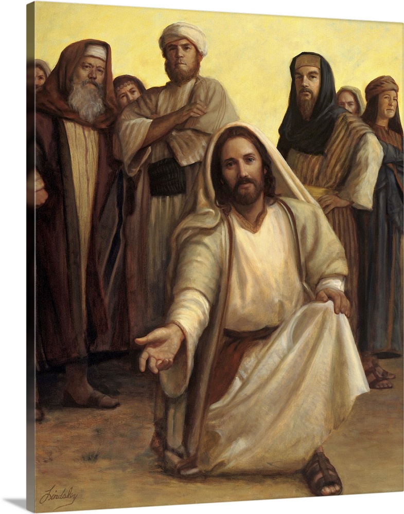 Jesus kneeling on the ground with his hand out as a group of men stand behind him.