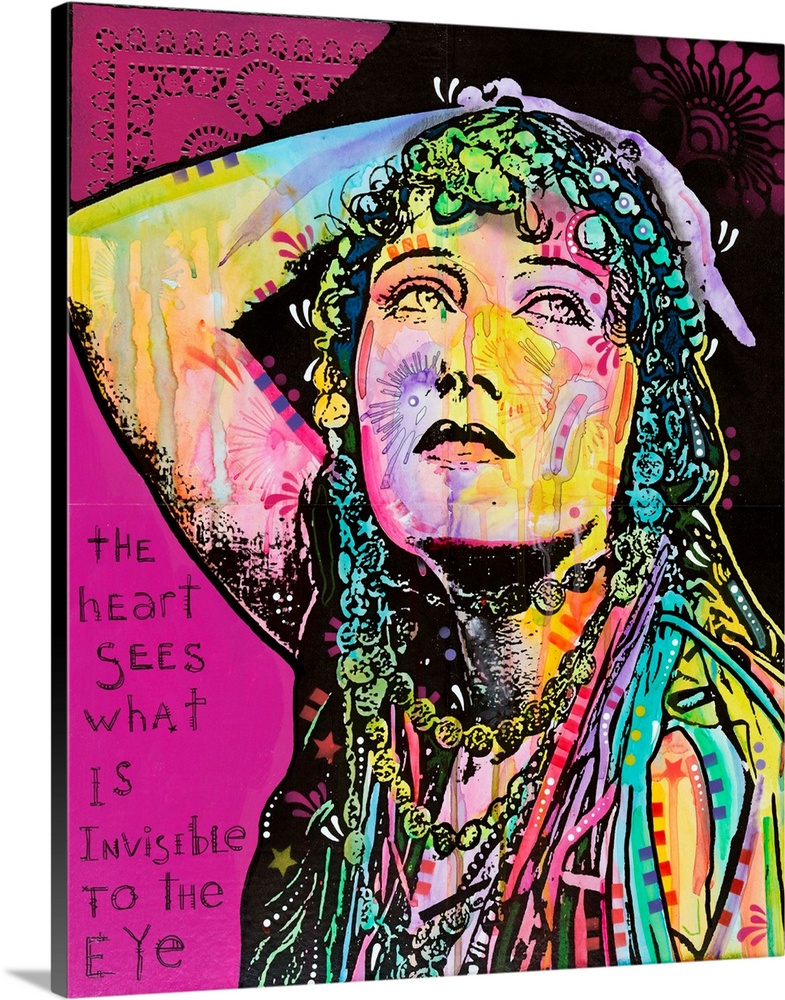 Pop art style artwork of a colorful woman with graffiti like designs on a bright magenta background with text that reads "...