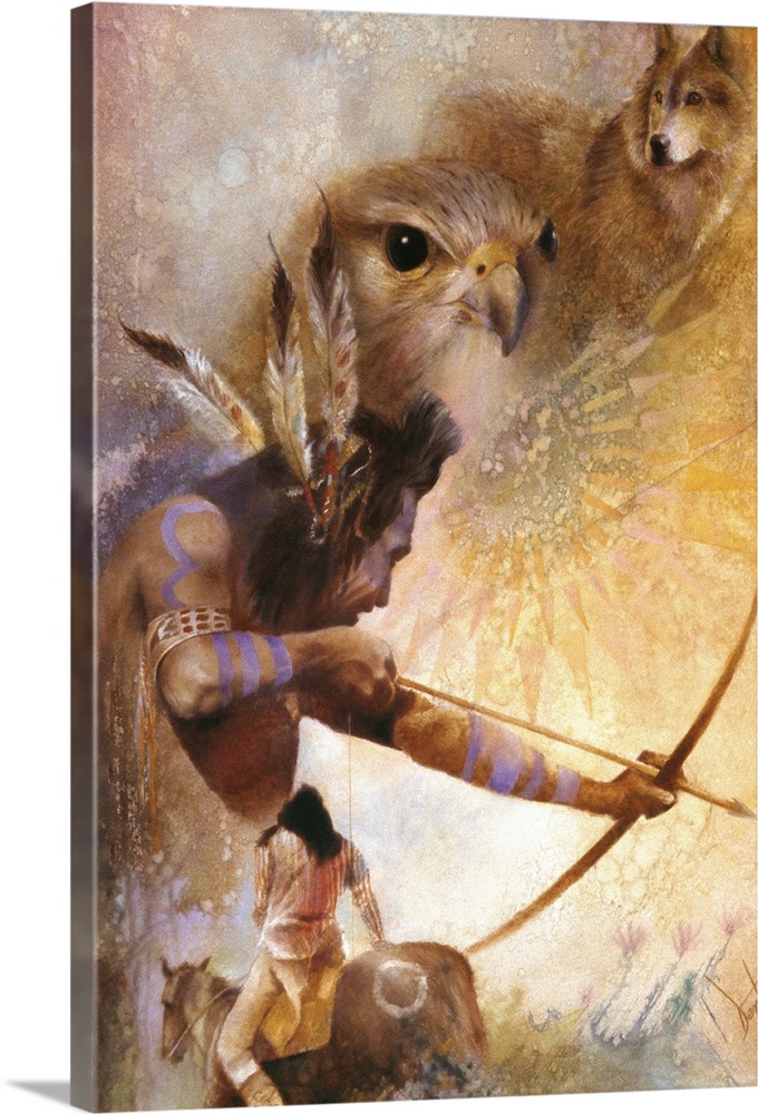 A contemporary painting of a Native American man pulling back on a bow about to release an arrow, while a wolf and falcon ...