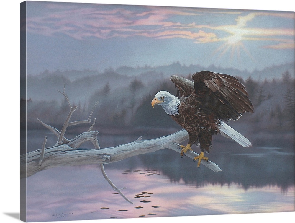 Bald eagle perched on a tree branch, against an idyllic wilderness scene.