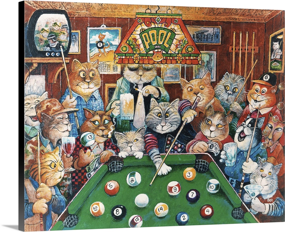Cats playing pool.