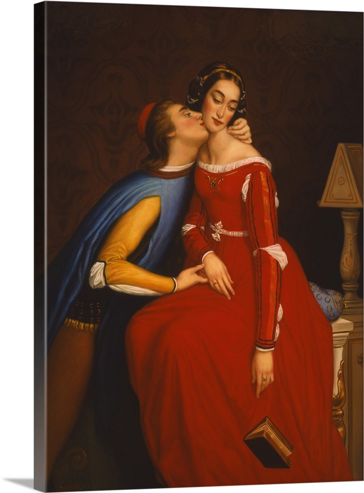 Contemporary painting of a renaissance couple kissing.