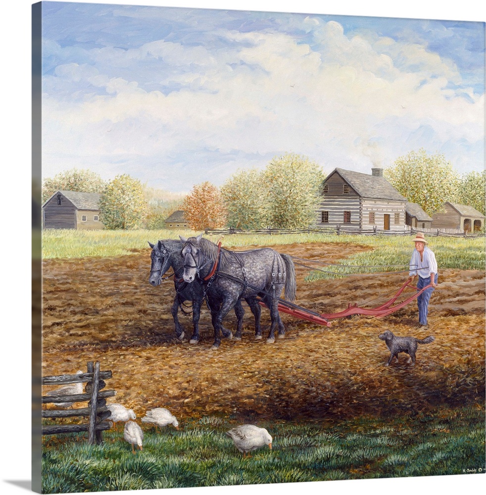 Contemporary artwork of a farmer plowing the land with his horses.