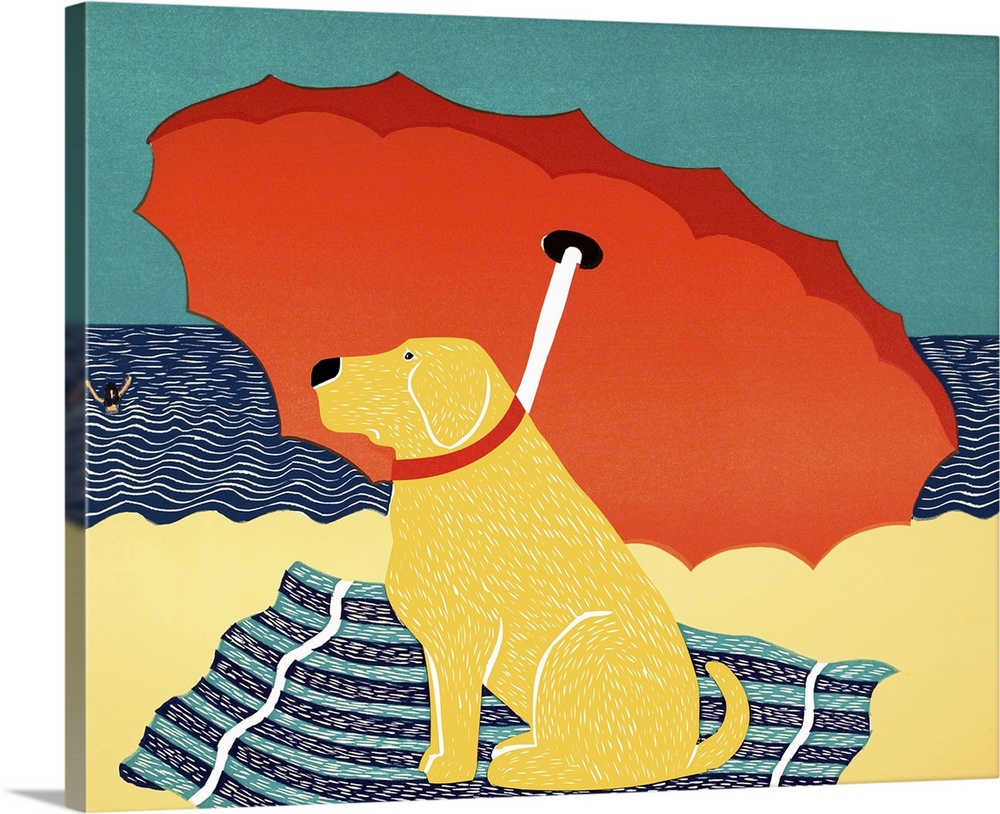 Illustration of a yellow lab sitting on under a beach umbrella at the beach watching his owner swim.