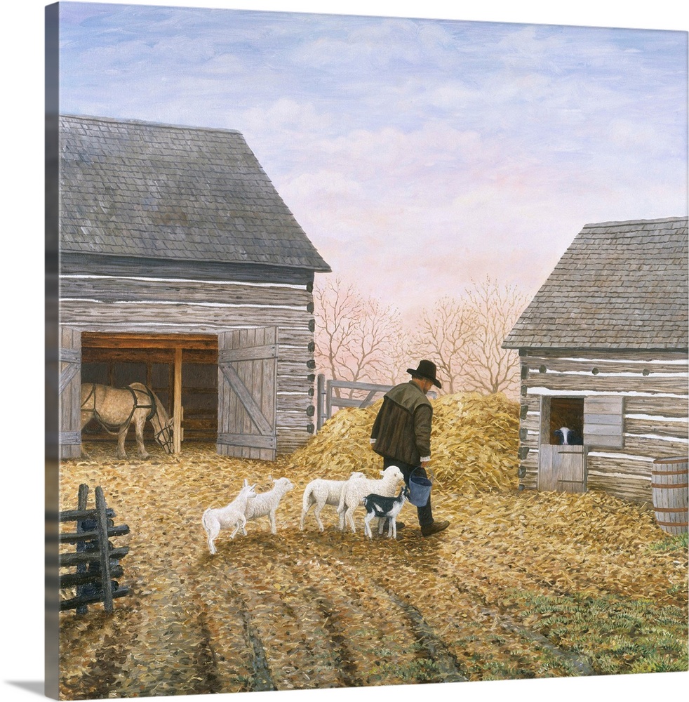 Contemporary artwork of a farmer with his sheep between two farm buildings.