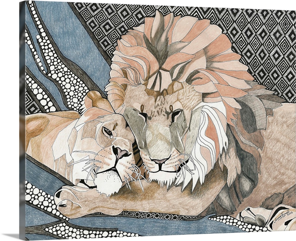 Illustration of a lion and lioness snuggling with a patterned background.