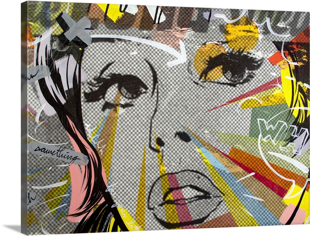 Pop art composed of comic illustrations and bold text, reminiscent of Lichtenstein, of a close up of a woman's face.