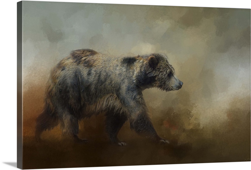 A fine art photograph of a brown bear walking in the mist.