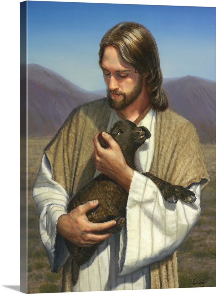 Jesus holding a small black lamb.