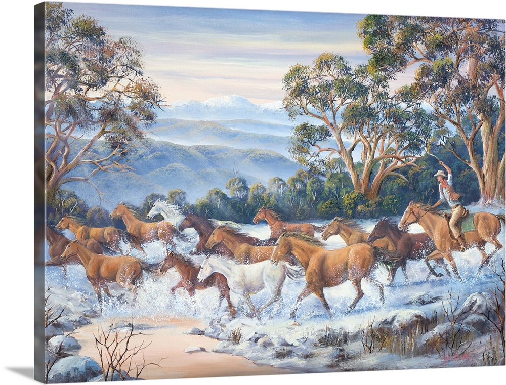 Contemporary painting of a herd of horse running wildly through a river in winter.