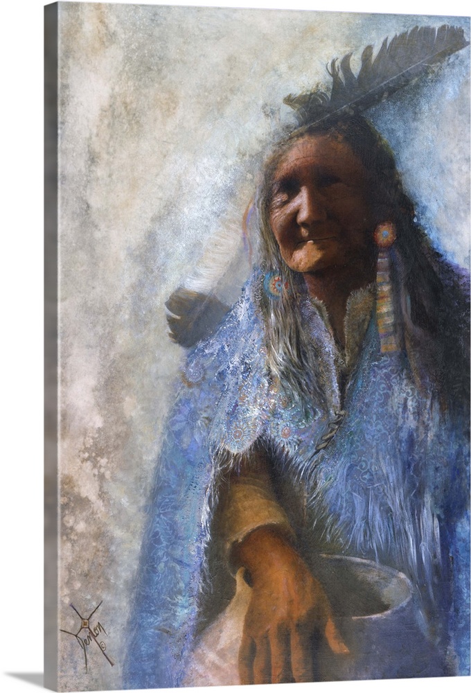 A contemporary painting of a Native American woman draped in a blue blanket while holding a large pot.