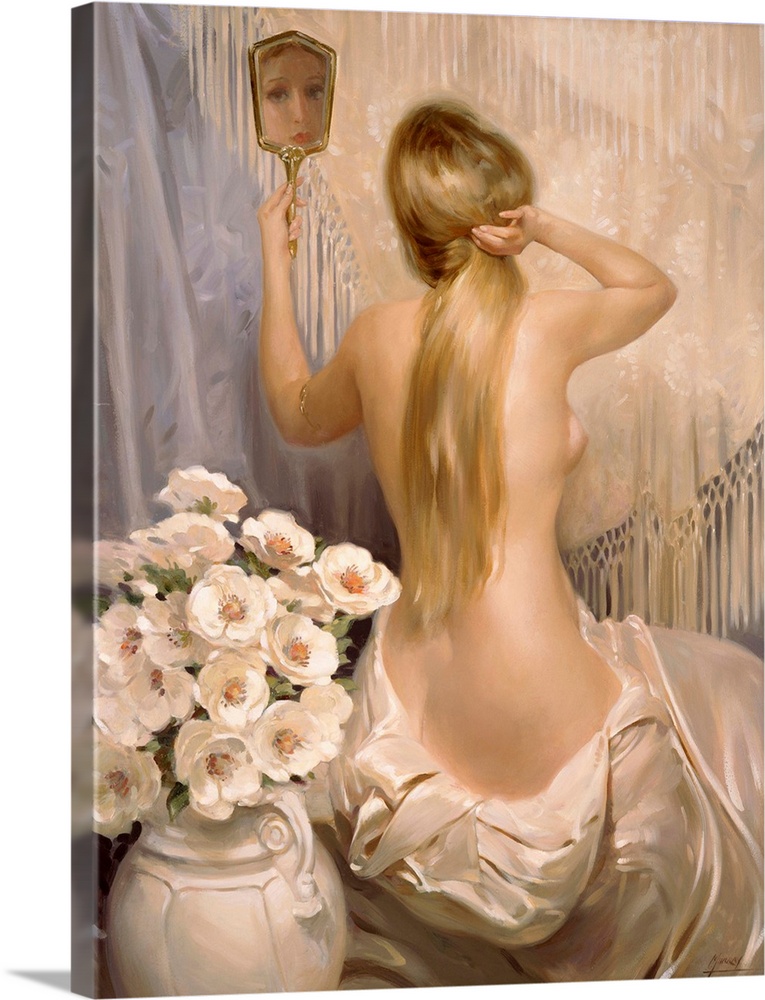 back view of a woman partially covered with a cloth looking in mirror, sitting next to vase of flowers