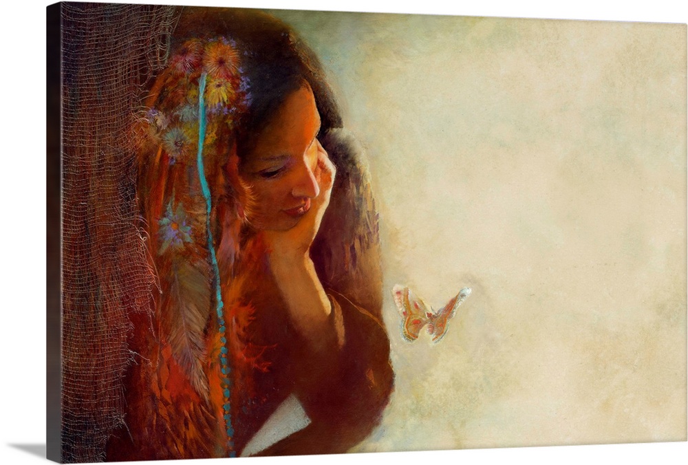 A contemporary painting of a woman staring at a moth whimsically fluttering its wings.