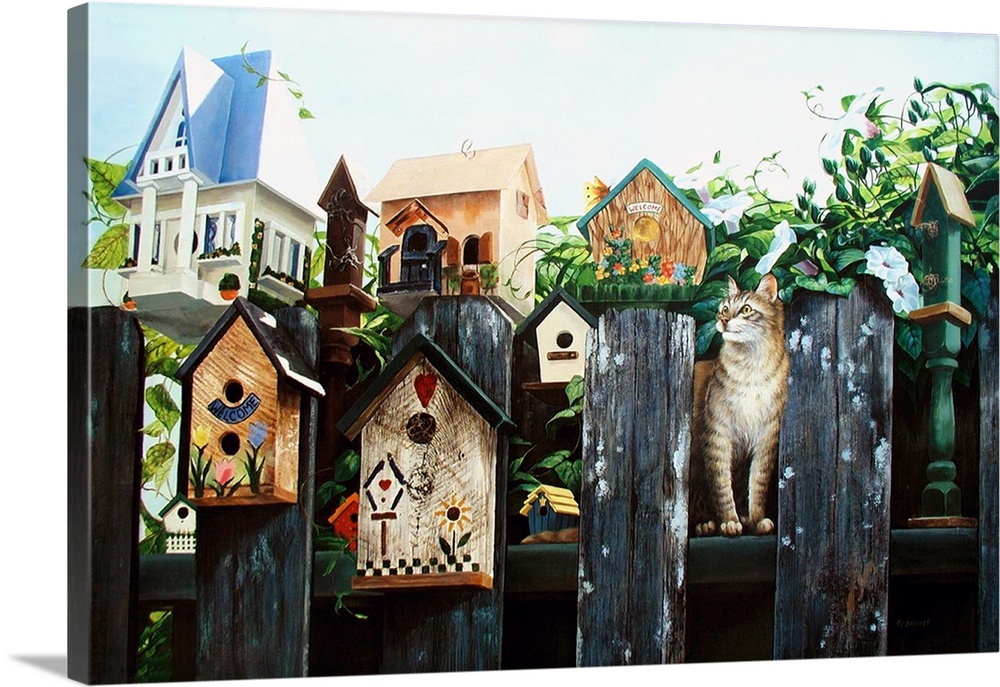 A cat sitting on a fence with birdhouses waiting for the birds to return.