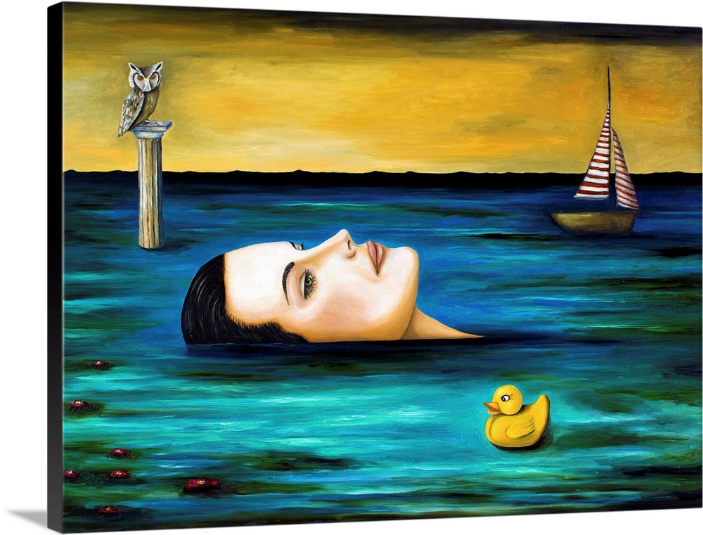 Surrealist painting of a woman floating in dark water with a sailboat in the distance.