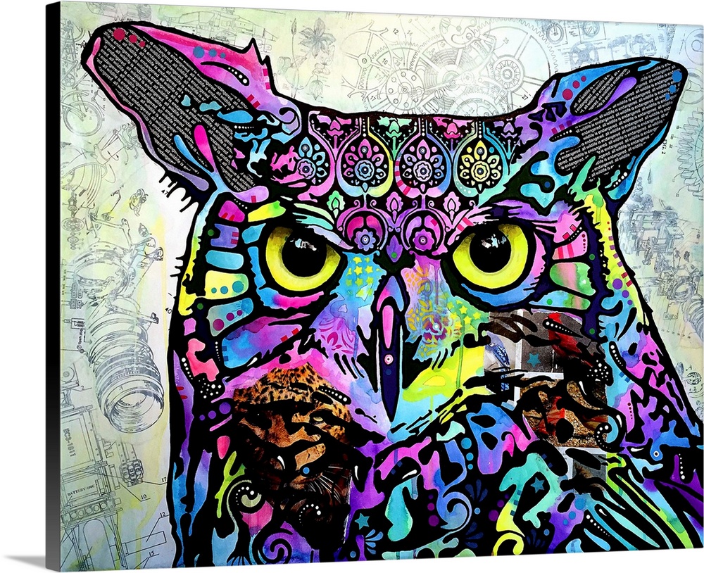 Vibrant painting of an owl with abstract designs on a white background with faint black blueprint illustrations.