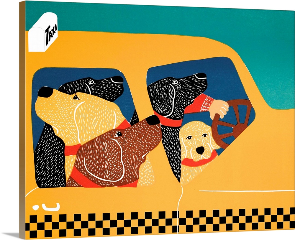 Illustration of a pack of labs in a Taxi cab.