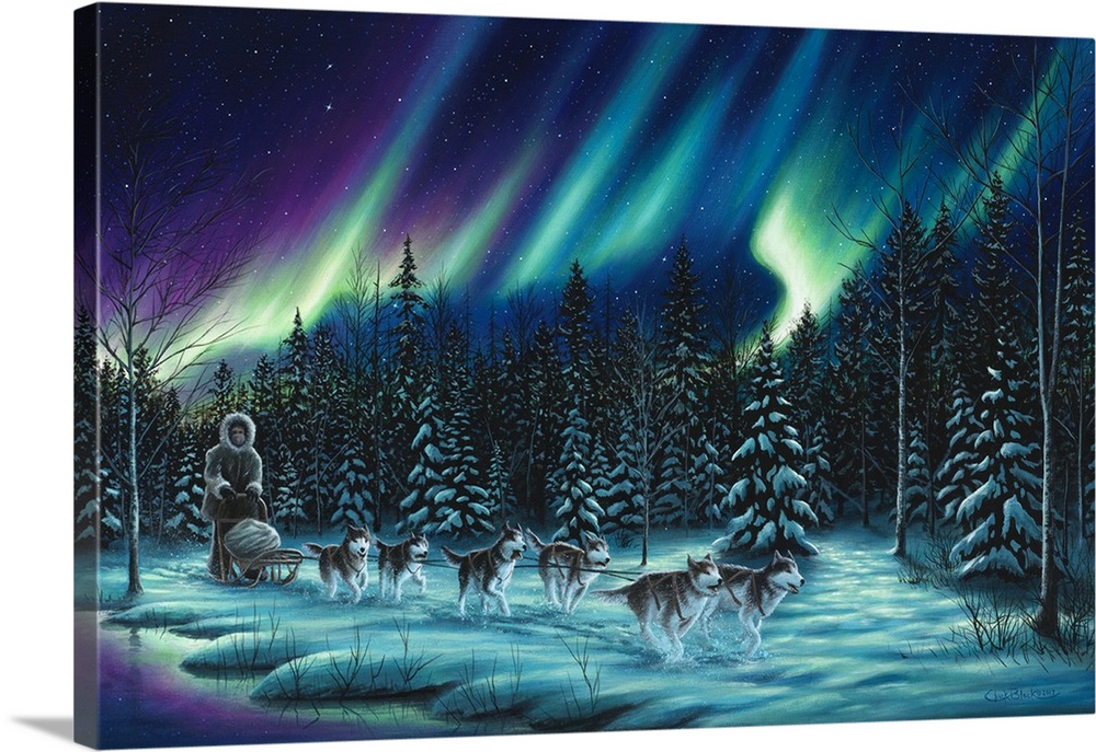 Contemporary painting of the Northern Lights with six sleigh dogs pulling a bundled up man through the snow.
