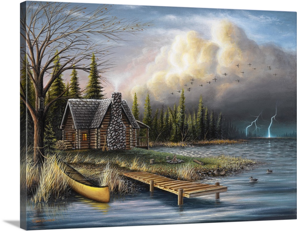 An idyllic painting of a cottage in a serene wilderness setting.