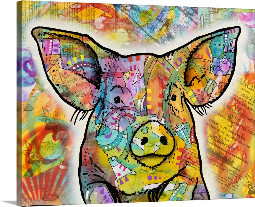Colorful illustration of a pig leaning over a fence with abstract designs all over and a collage background with scraps of...