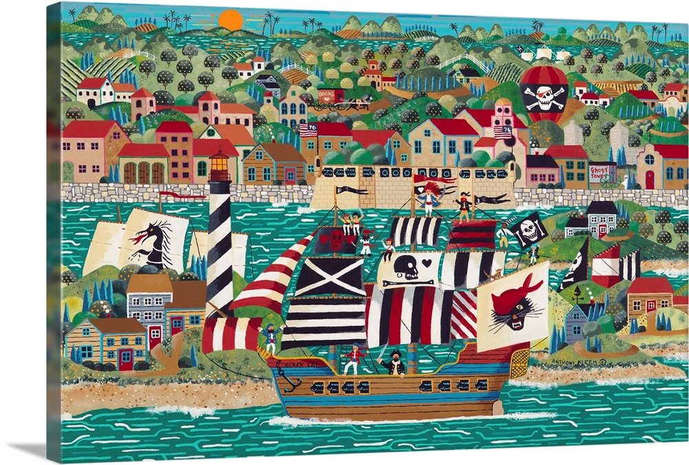Contemporary painting of a coastal town with a ship pulled into harbor.