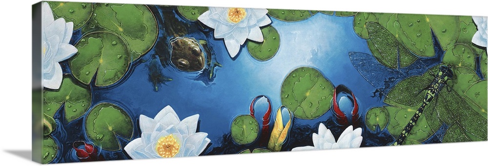 Contemporary painting of a view looking down on a pond with lily pads and dragonflies.