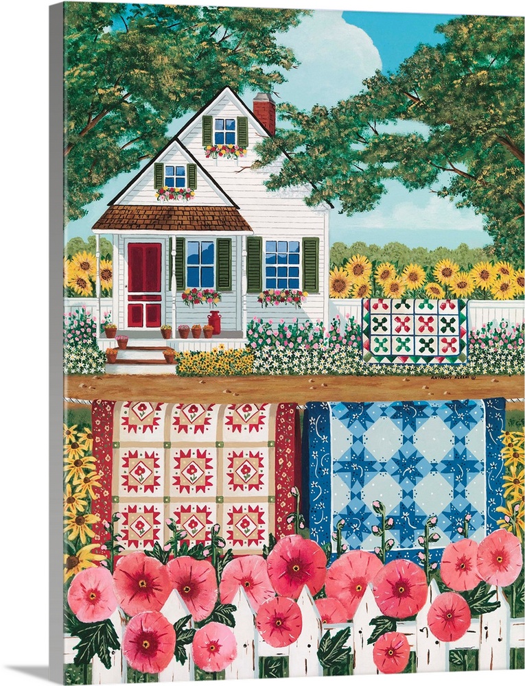 Contemporary Americana painting of a white house with a white picket fence out front covered in pink flowers.