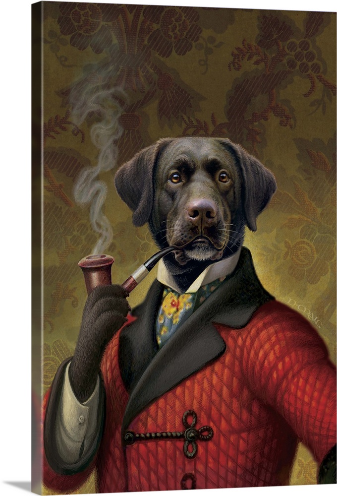 Dog in red smoking jacket smoking a pipe.