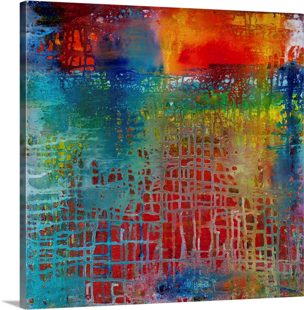 Contemporary abstract painting in rainbow colors, with criss-crossing paint.