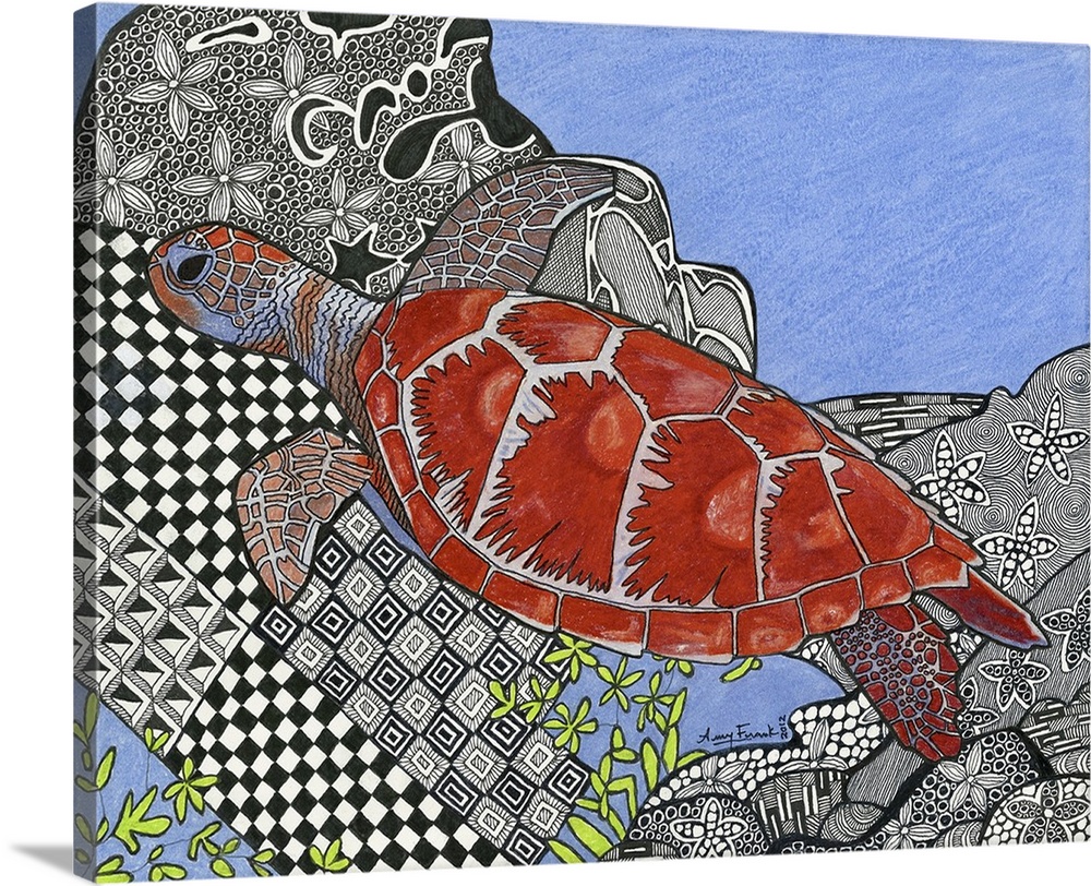 Illustration of a sea turtle with black and white patterned designs in the background.