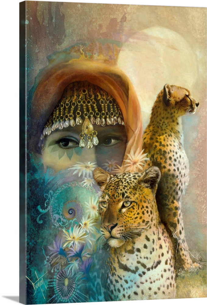 Contemporary painting of leopards and cheetahs around a woman's head.