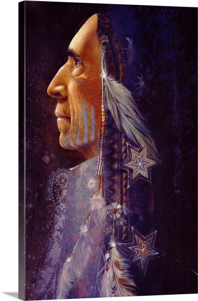 A contemporary painting of a Native American man in profile with long braids of feathers and beads streaming down.