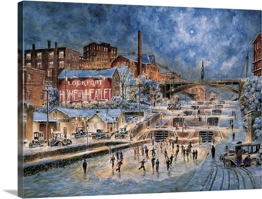 Contemporary painting of an idyllic winter scene with people ice skating at night.