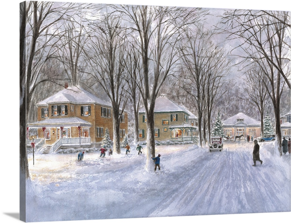 Contemporary painting of an idyllic winter scene in a suburban neighborhood.
