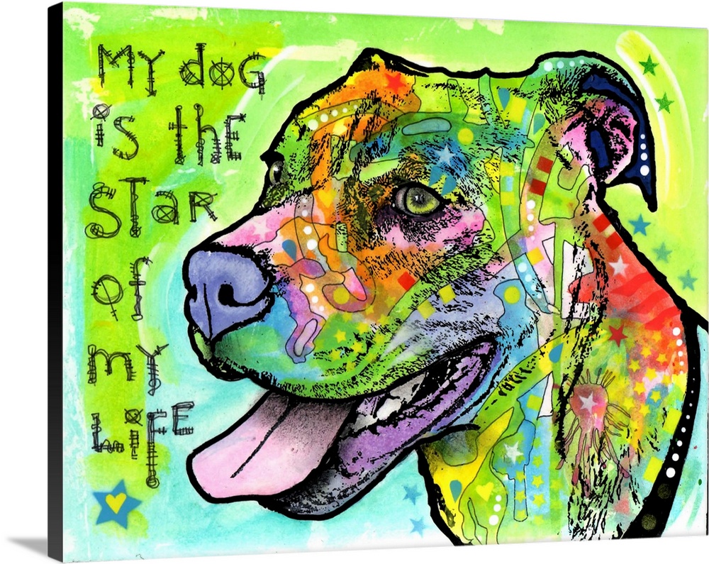 Contemporary stencil painting of a pit bull filled with various colors and patterns with text, "My dog is the star of my l...