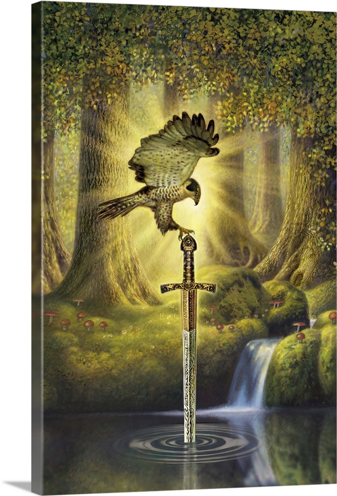 A falcon perched on a sword coming from the water.