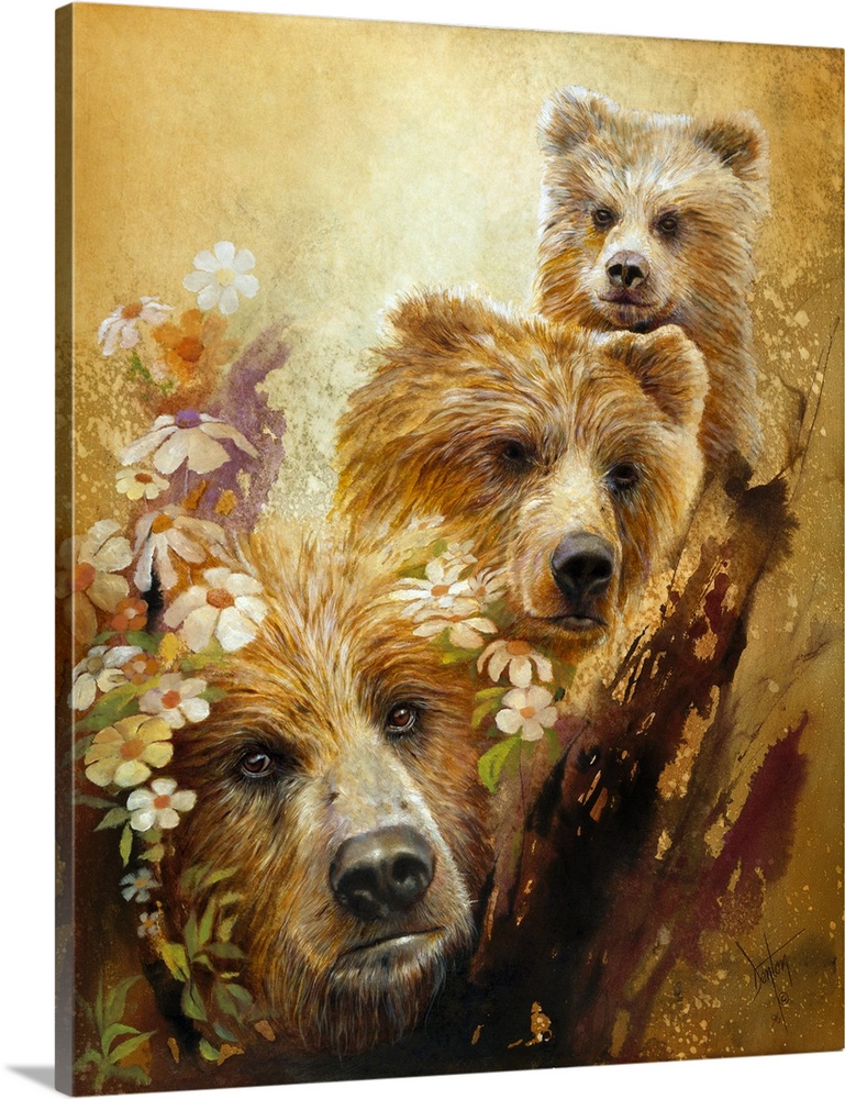 Contemporary painting of a montage of bears and wildflowers.