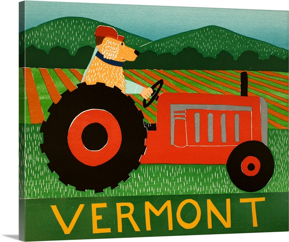 Illustration of a yellow lab riding on a red tractor with its owner with "Vermont" written at the bottom.