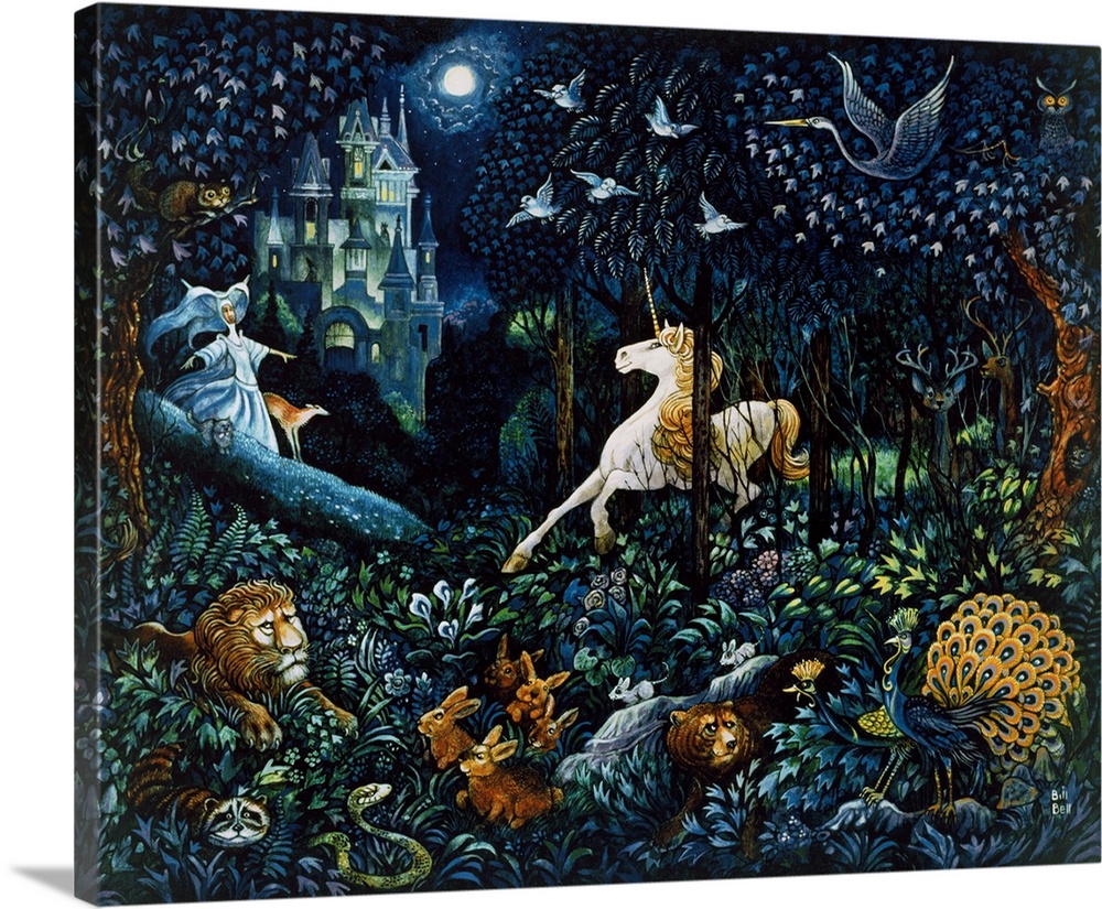 White Unicorn facing a Damsel with a castle in the background and many forest animals in the foreground.