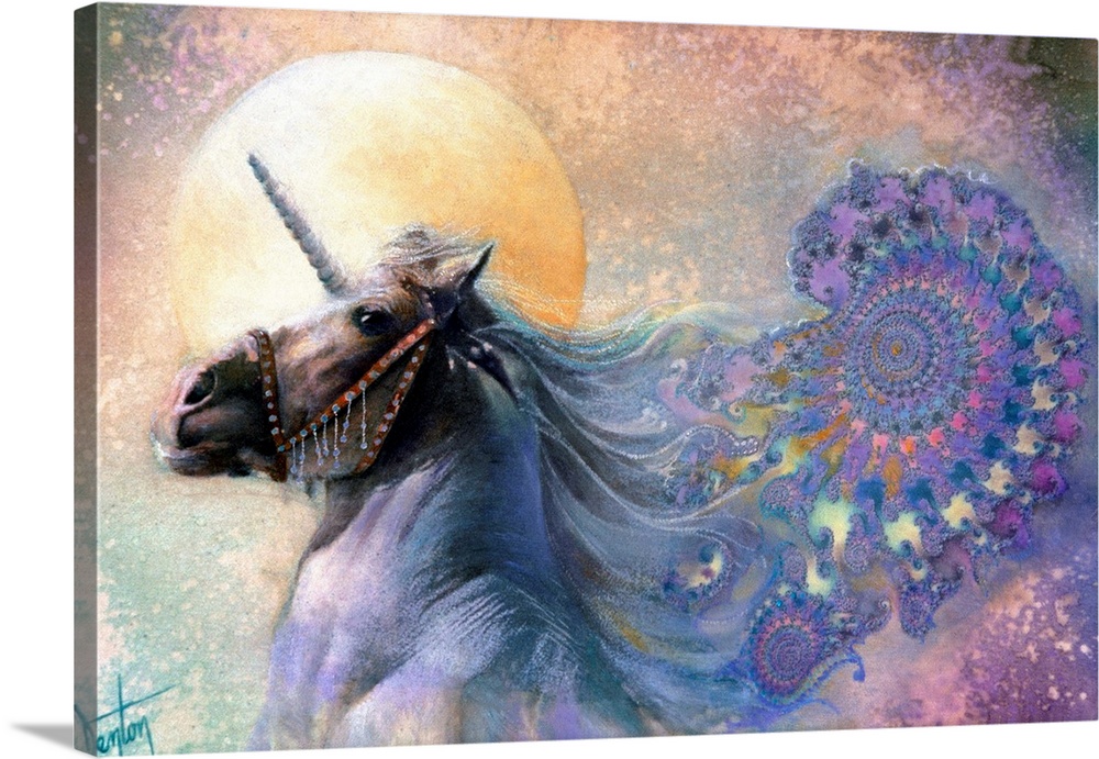 A contemporary painting of a unicorn with a long flowing white mane transitioning into a colorful fractal design.