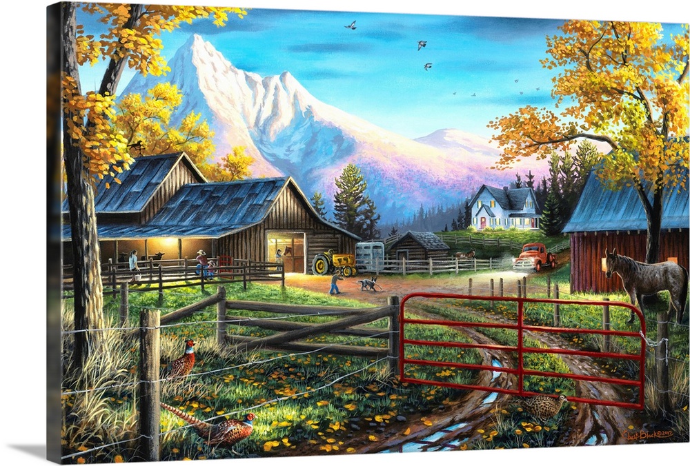 Contemporary painting of a small farm with animals running around and large snow covered mountains in the background.