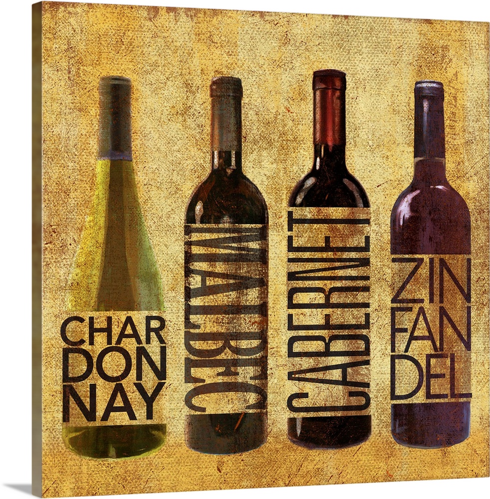 Four bottles of wine, including Chardonnay, Malbec, Cabernet, and Zinfandel.