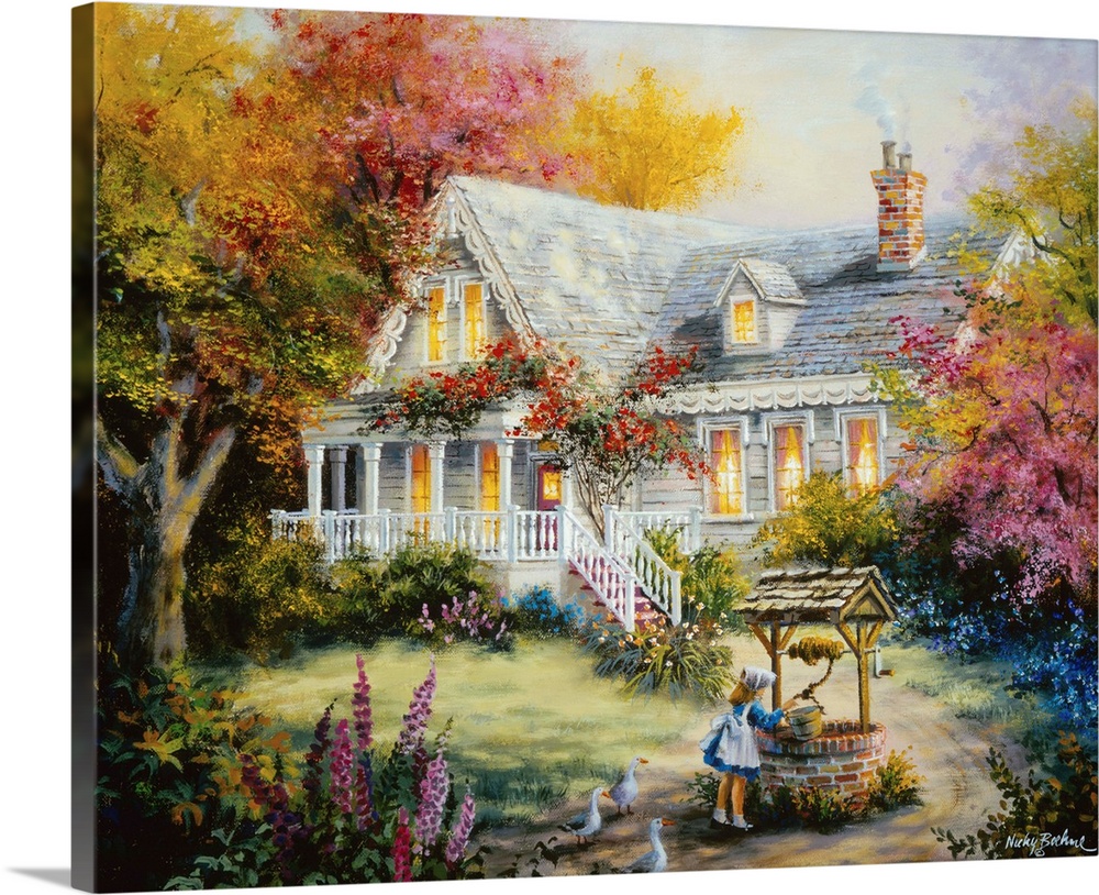 Painting of a scene featuring house with glowing windows. Product is a painting reproduction only, and does not contain ac...