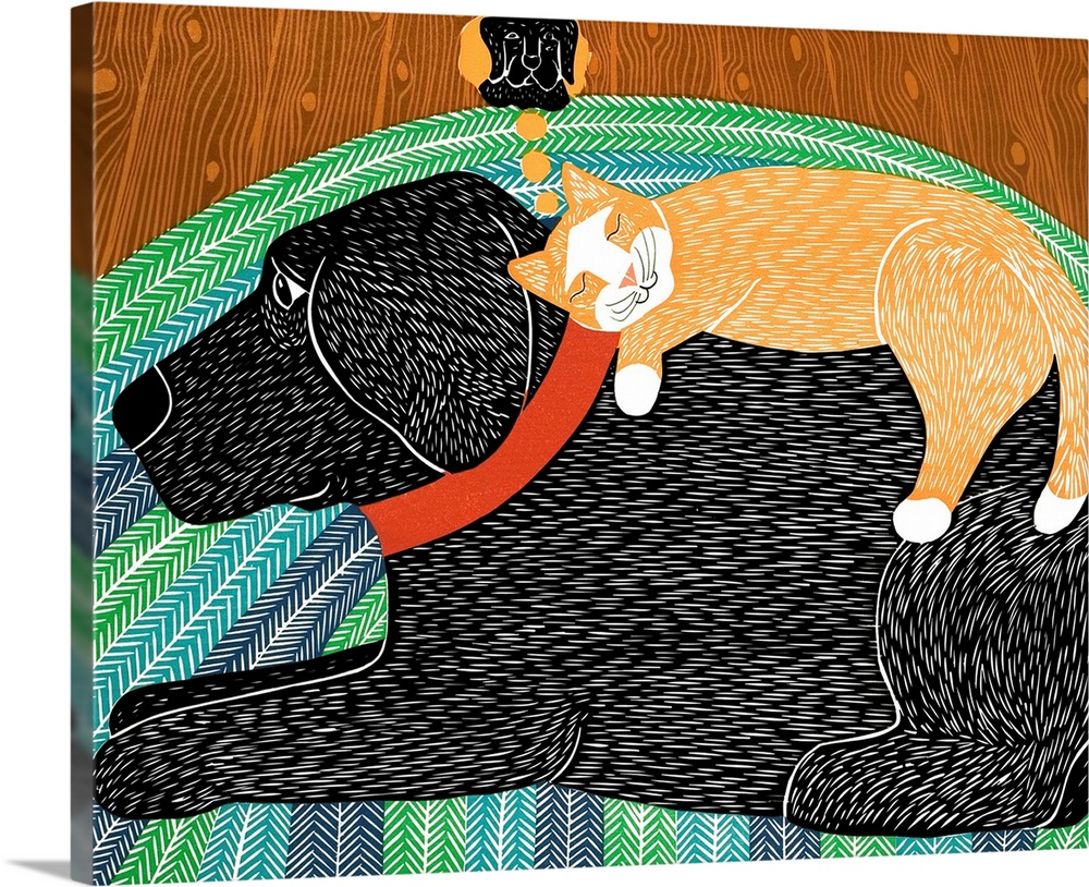 Illustration of an orange cat napping on a black labs back dreaming of the dog while the dog lays wide-eyed.