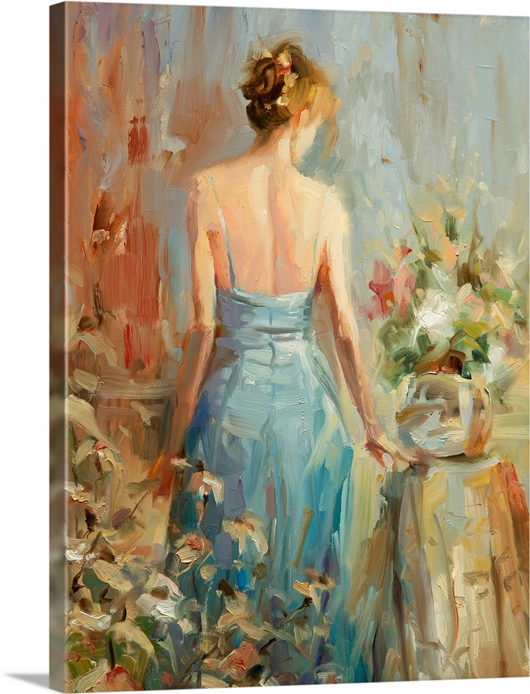 Large painting of a woman in a dress with her back towards the viewer surrounded by flowers printed on canvas.