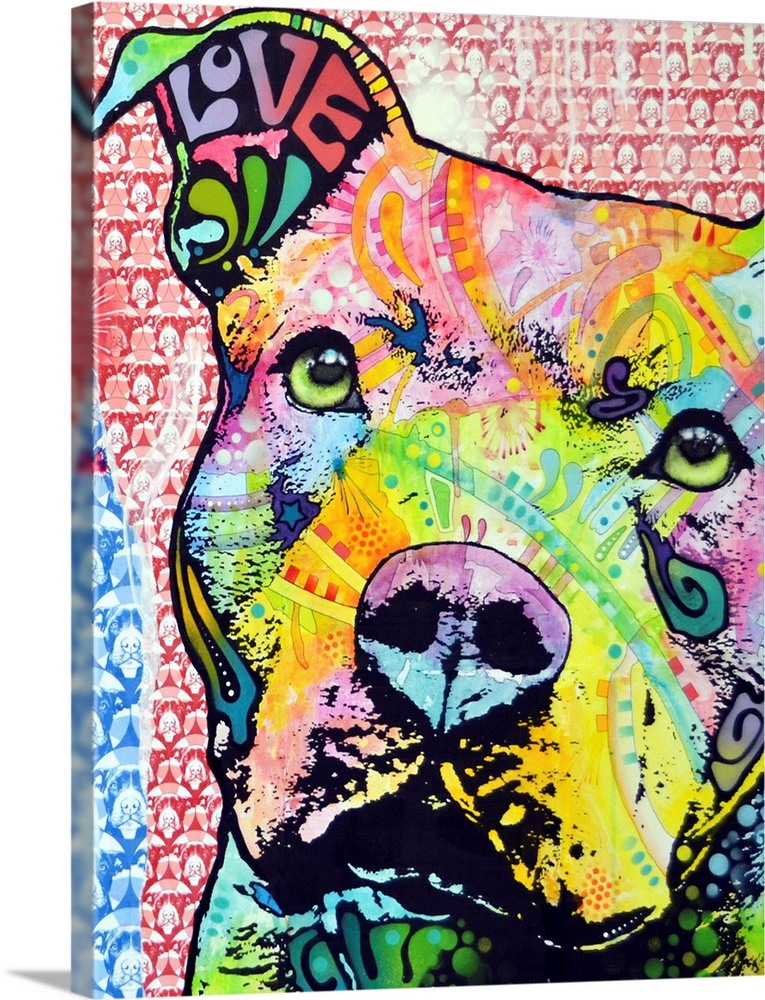 Vertical digital artwork on a large wall hanging of the face of a pit bull dog, filled with vibrant colors and decorative ...