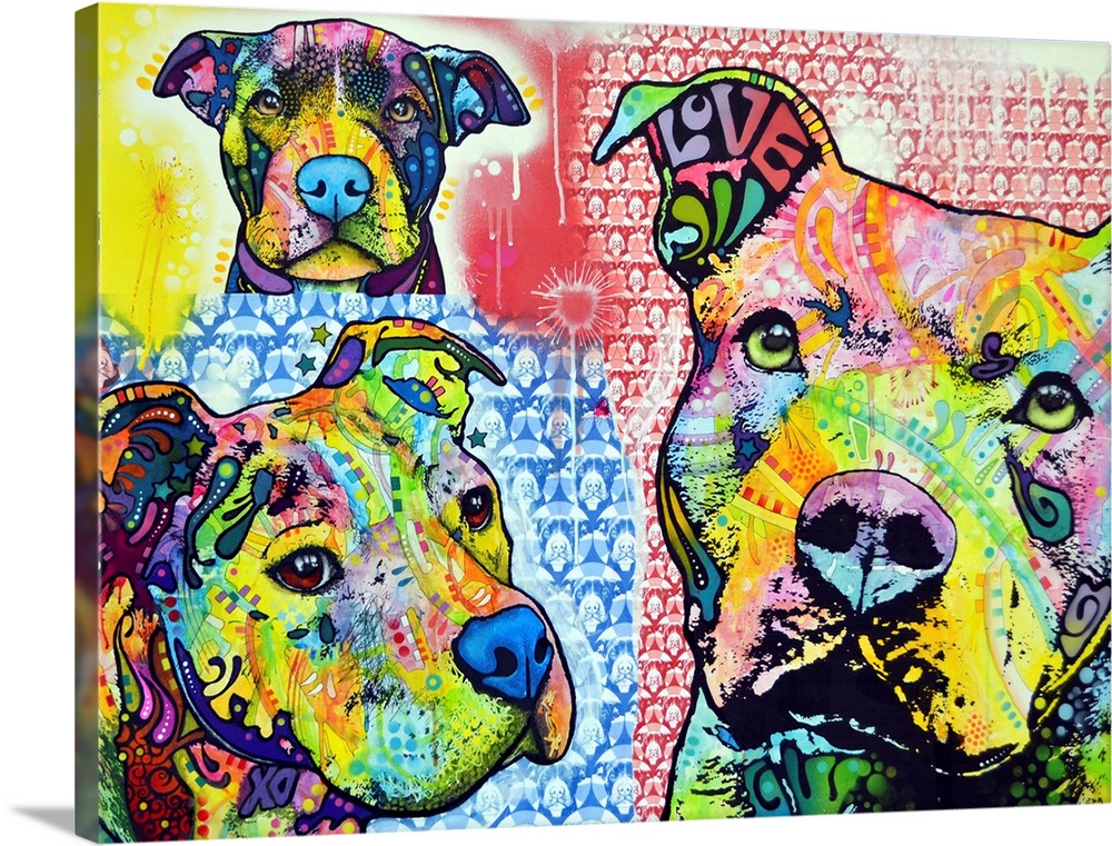 Abstractly painted canvas of three pit bulls with various patterns overlaid on top of them.