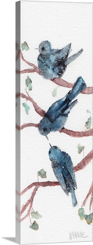 Three blue watercolor birds sitting in branches.