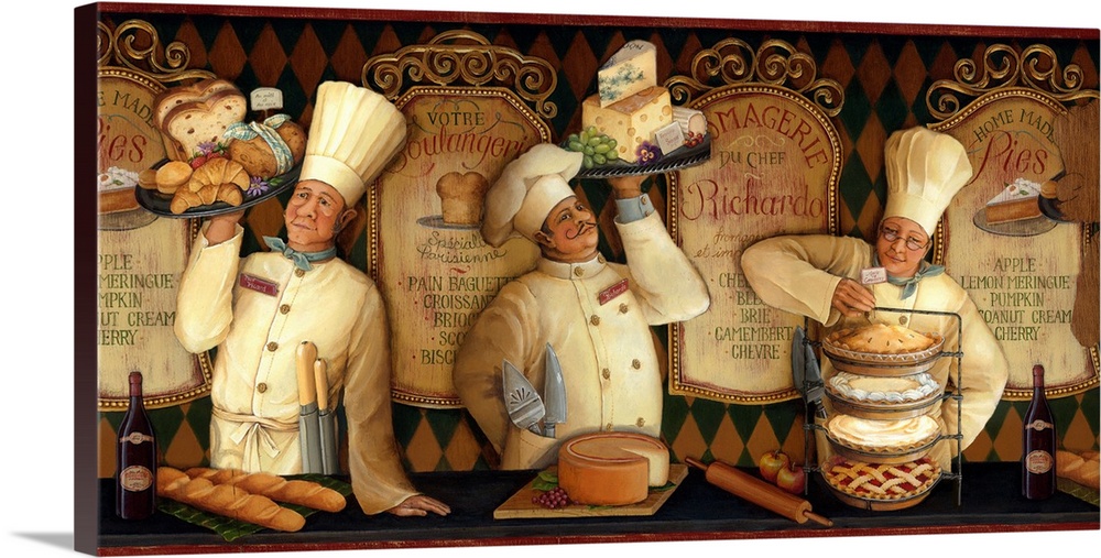 Big, landscape home art docor of three chefs standing at a counter, one holding cheese, one holding bread, the third holdi...