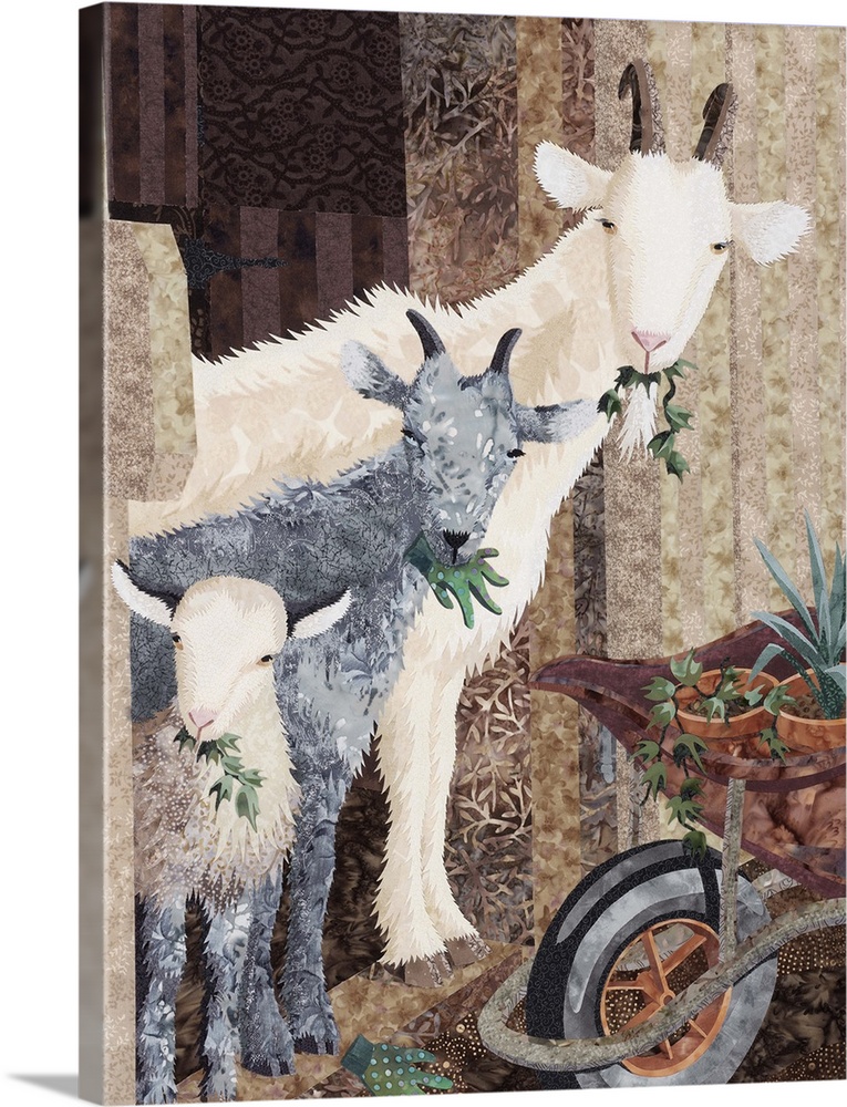 Contemporary colorful fabric art of a three goats all eating.